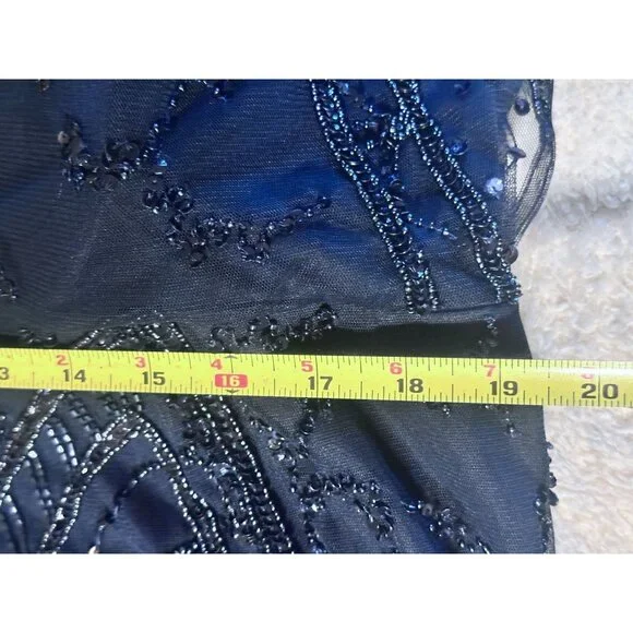 Cristina Wu Navy Beaded V-Neck Gown Size 20W Elegant Formal Dress Sheer Sleeves - Picture 12 of 13